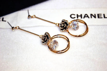 Korea Fashion Black Enamel Camellia Earrings Women Luxury brand Long Big Cubic Zirconia Drop Earrings Wedding Jewelry Z277