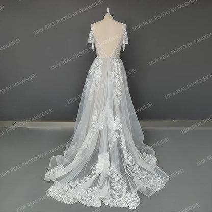 11774#Elegant Bohemian Open Back Sweep Train Sleeveless Beach Lace Deep V-Neck Sexy Wedding Dress Wedding Bridal Gown