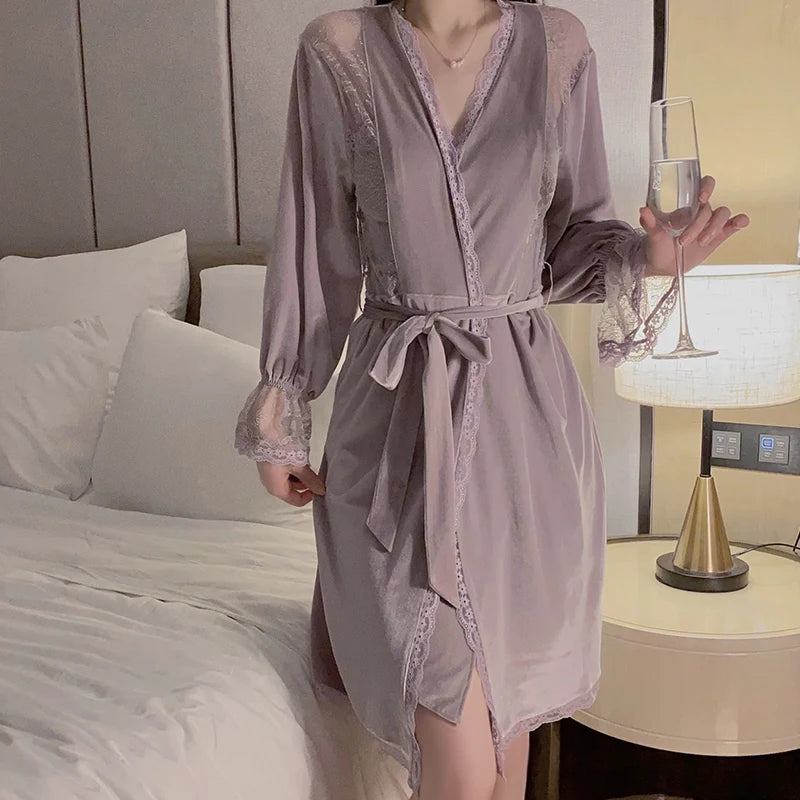 Velour Fold Slit Add Bra Pad Deep V Temptation Lace Splice Slip Nightdress Robe Set Sexy Underwear