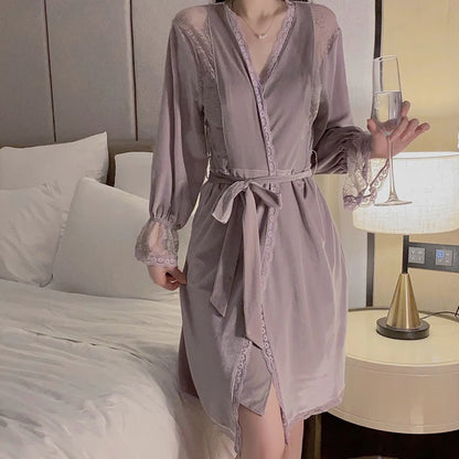Velour Fold Slit Add Bra Pad Deep V Temptation Lace Splice Slip Nightdress Robe Set Sexy Underwear