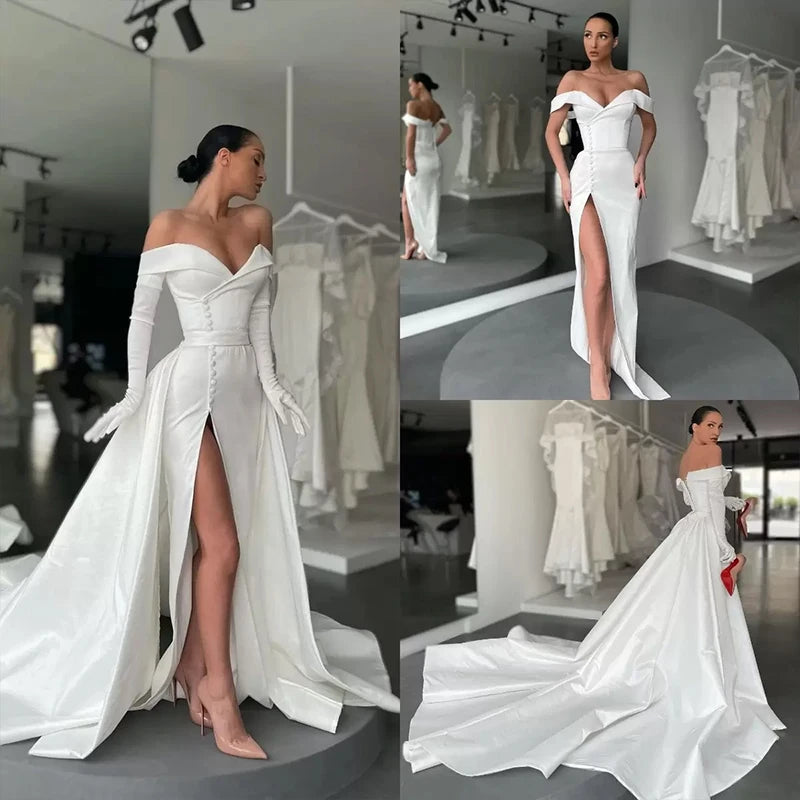 13872# Detachable Train Elegant Mermaid Wedding Dress Sexy High Side Slit Cap Sleeve Bridal Gown Lace-Up Satin Strapless Button