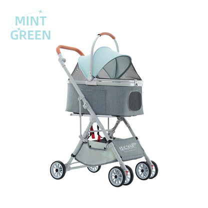 Luxury Easy Fold Removable Liner Waterproof Adjustable Storage Basket Pet Stroller 4 Wheel 15kg Capacity for Dogs/Cats Aluminum