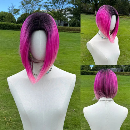 Wholesale Dark Hair Root Short pink Layered Gradient Synthetic Hair Wig Straight Hair Without Bangs Bangs Natural Appearance 539