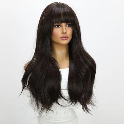 2025 Tea Black Color Synthetic Wigs with Bangs Long Natural Wavy Hair Wig for Women Daily Use Cosplay Party Heat ResistantSM7235