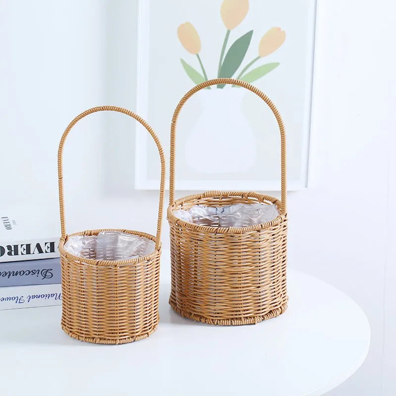 Portable Outdoor Picnic Basket Home Decorative Storage Woven Flower Pot Hand-held Rattan Wicker Accompanying Gift Floral Basket
