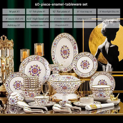 Luxury Enamel Flower Dinnerware Set Golden Rim White Porcelain Dinner Plates Soup Bowls Set Tableware for Wedding Gifts