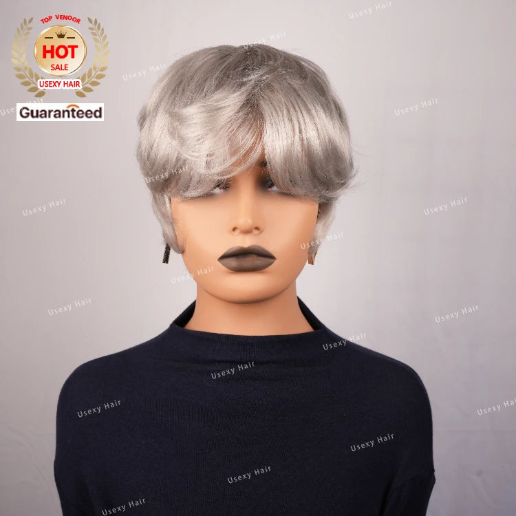 Pixie Cut Silver Grey Short Straight Bob Human Hair Wig for Women Brazilian Remy Hair Glueless Colored Machine Made Cheap Wig
