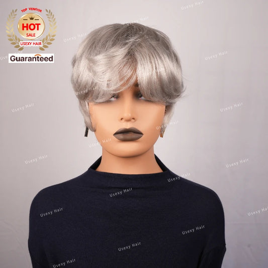 Pixie Cut Silver Grey Short Straight Bob Human Hair Wig for Women Brazilian Remy Hair Glueless Colored Machine Made Cheap Wig
