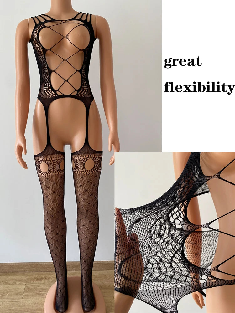 Sexy Dessous mit offenem Schritt, durchbrochenem Netzbody, sexy Strumpfhose mit Cut-Outs, Ganzkörperstrumpf