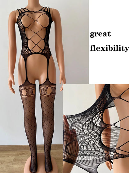 Sexy Dessous mit offenem Schritt, durchbrochenem Netzbody, sexy Strumpfhose mit Cut-Outs, Ganzkörperstrumpf