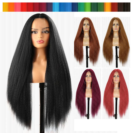 32-Inch Middle Center Part Hair Wig Yaki Kinky Straight Afro Synthetic Fiber Glueless Machine-Made Wigs Women