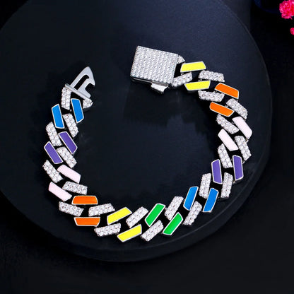 Glittering Colorful Unique Design Jewelry Cubic Zirconia Stone Paved Enamel Chunky Cuban Chain Link Bracelets Bangles for Women