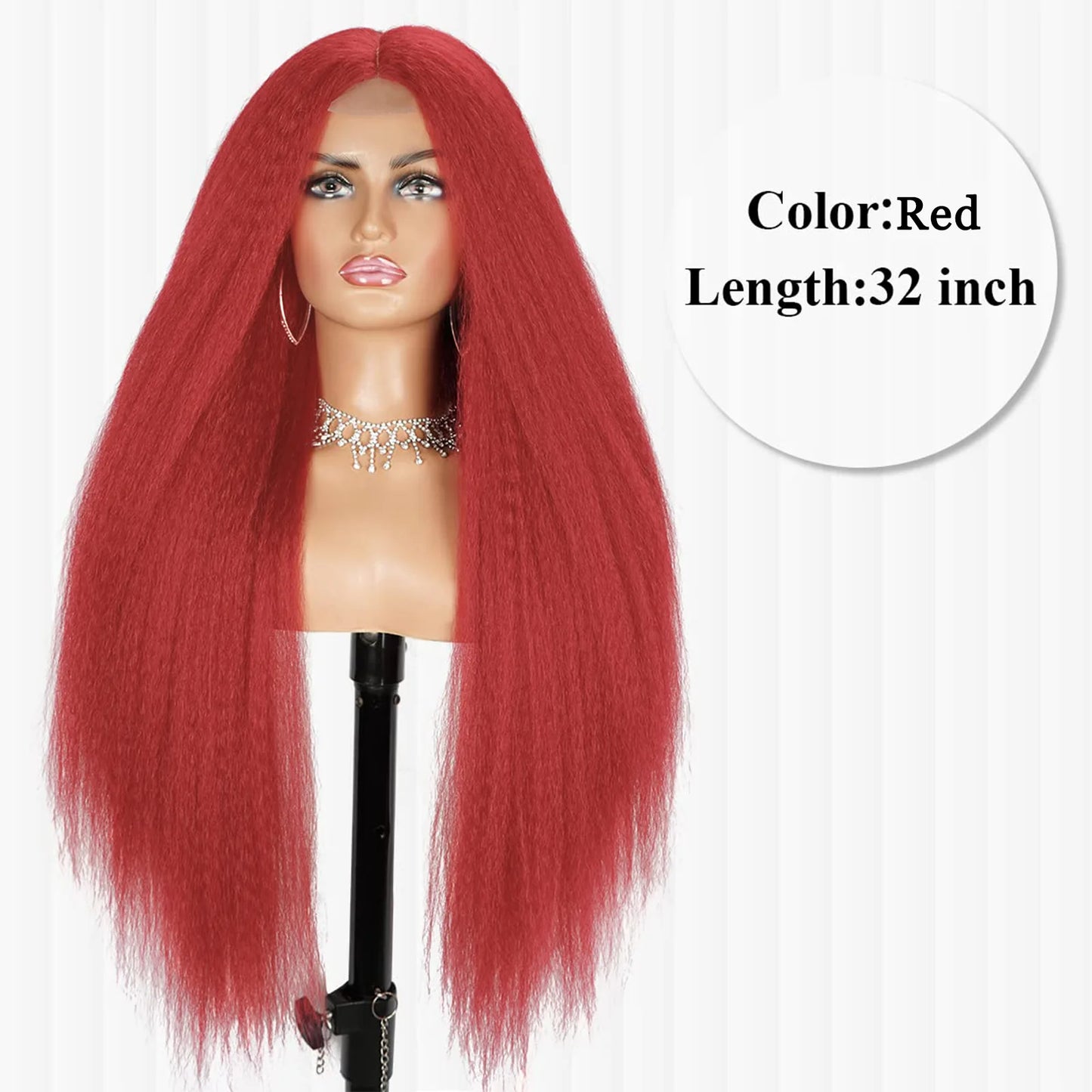 32-Inch Middle Center Part Hair Wig Yaki Kinky Straight Afro Synthetic Fiber Glueless Machine-Made Wigs Women