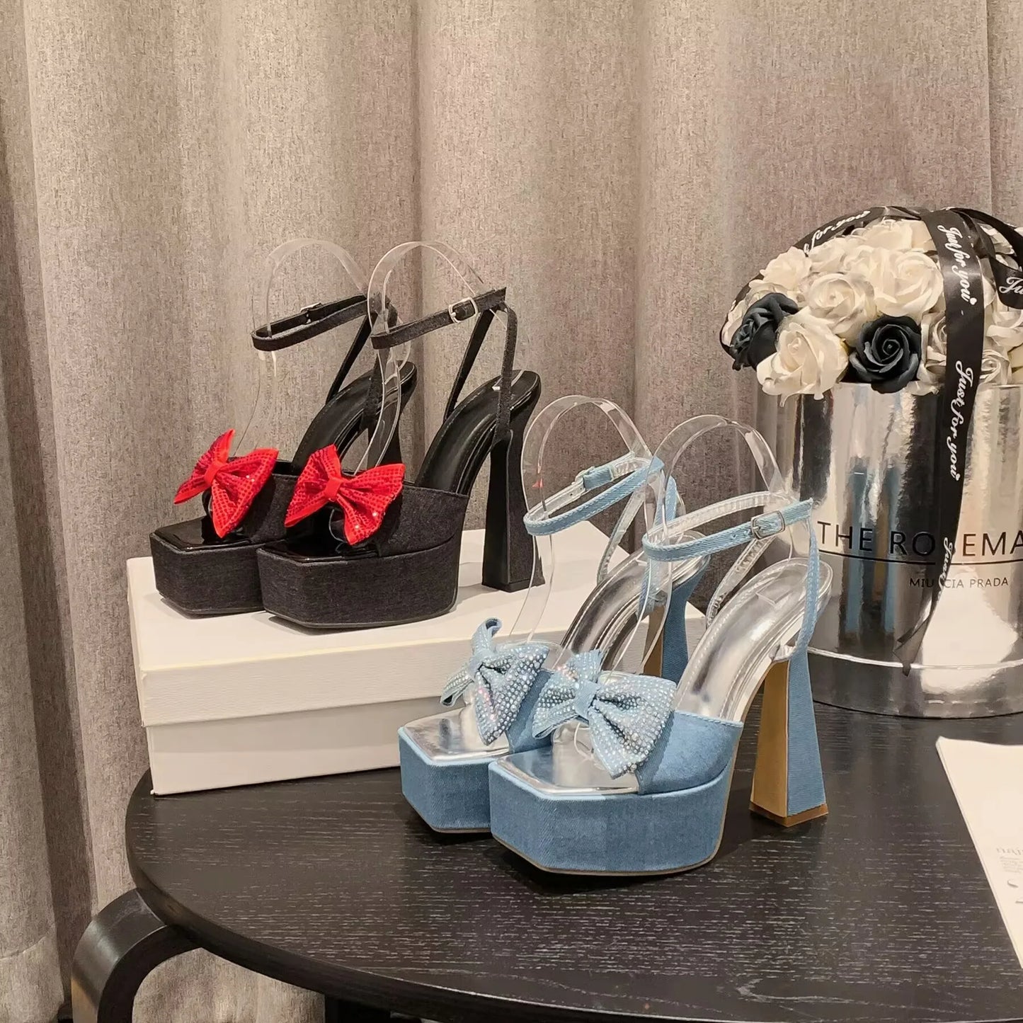 Hot Sale 2024 New Denim Thick High Heel Waterproof Platform Rhinestone Bow Stage Catwalk Shoes
