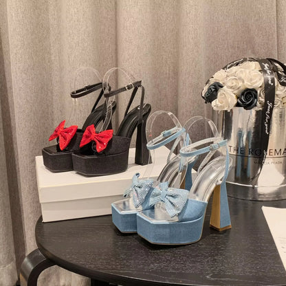 Hot Sale 2024 New Denim Thick High Heel Waterproof Platform Rhinestone Bow Stage Catwalk Shoes