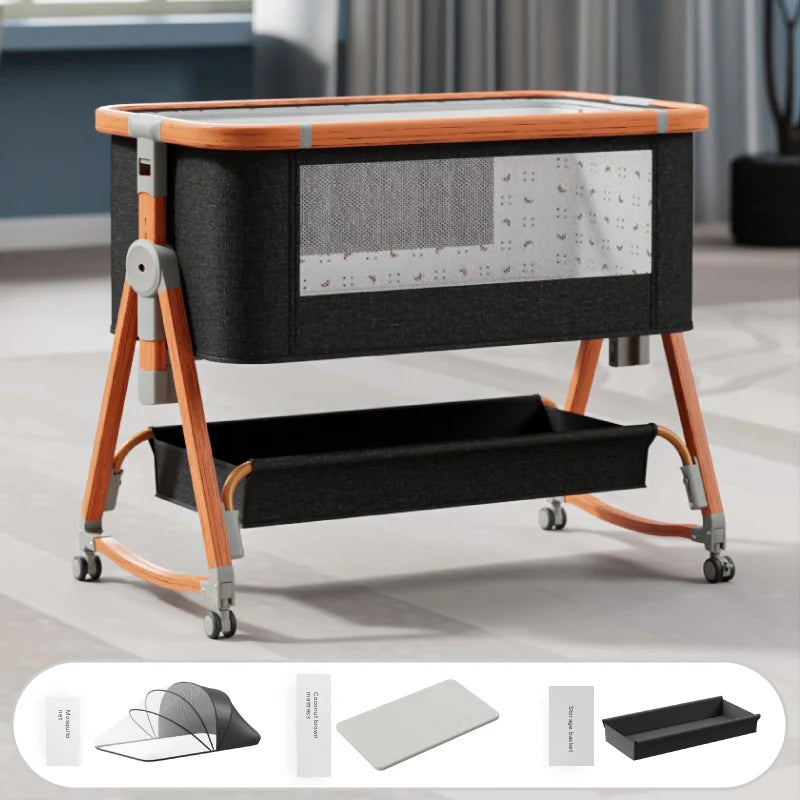 Multi-Functional Movable Foldable Fabric & Metal Rock Baby Bed Newborn Spliced Large Children Bed High Visibility Baby Supplies