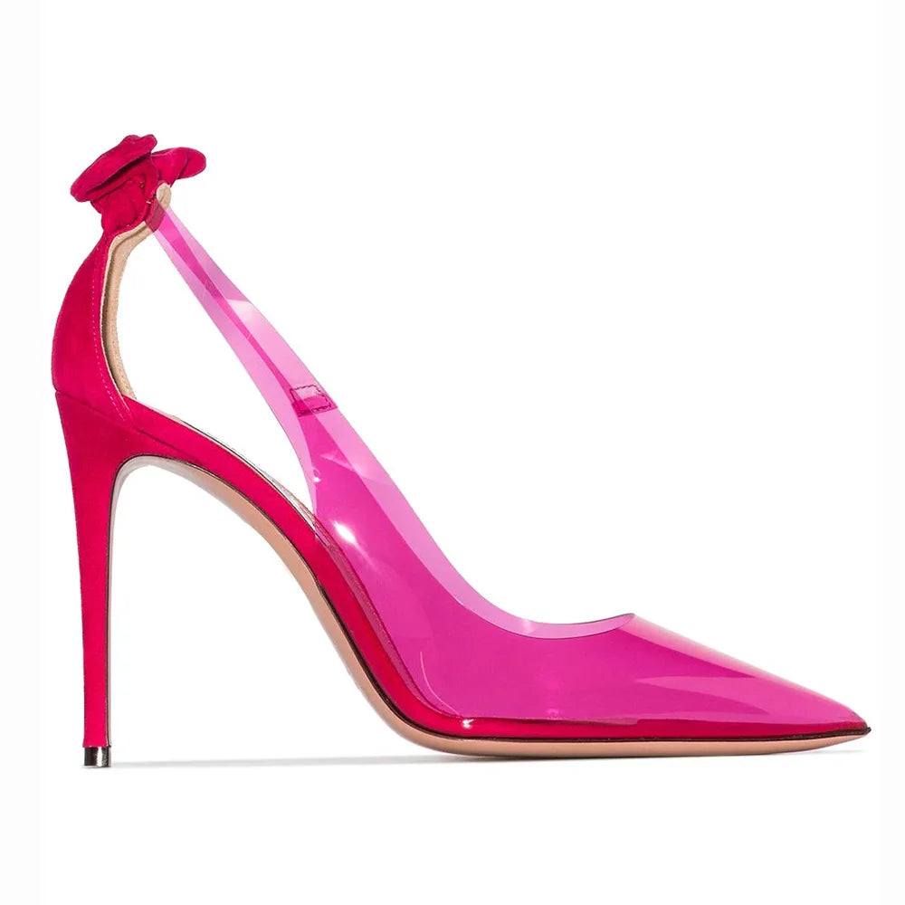Plus Size Pointed Toe Hot Pink PVC Clear High Heels Stilettos Bow Knotted Women Sexy Pumps Party