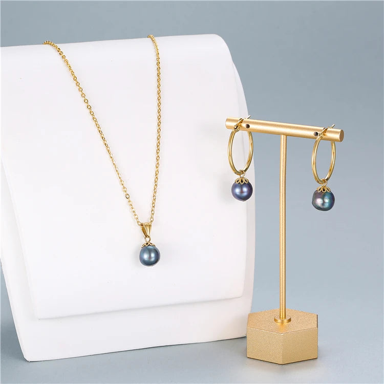 High Quality Cheap Pearl Dubai Gold Plated Stainless Steel Pendant Necklace Earrings Jewelry Set for Women