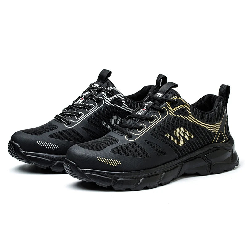 Men's Steel Toe Anti-Puncture Breathable Lightweight Indestructible Men's Breathable Woven Knit Shock Absorption Running Shoes