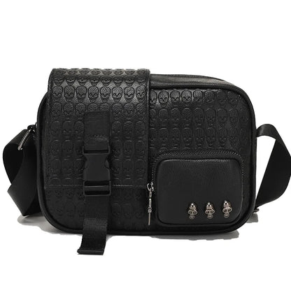 Rock Style Men's Crossbody Bags Square Satchels  Fashion Men Shoulder Messenger Bag Ghost Head Embossed Leather Crossbody Bag