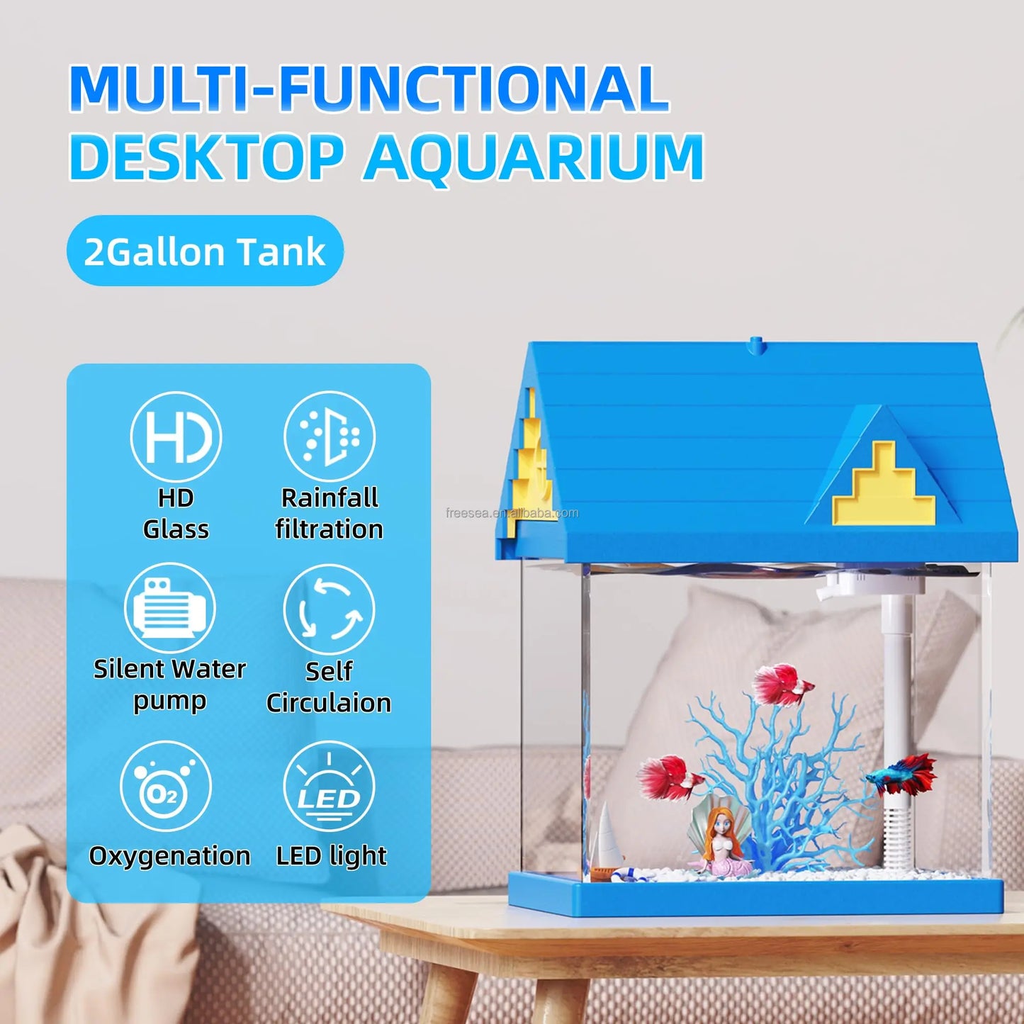 Mermaid Blue 2-Gallon Aquarium Fish Tank Kid's Gift with Filter Pump Glass Plastic Material for Living Room Kitchen Desktop