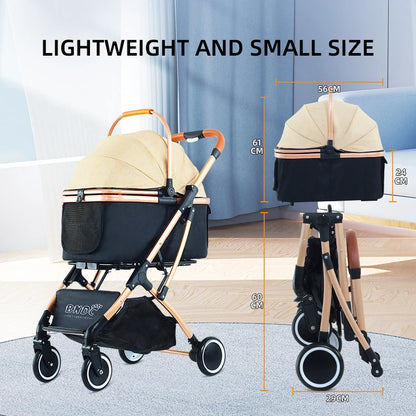 Fashion Foldable Pet Stroller with Detachable Carrier and Wheels Expandable Design for Dogs Button Closure