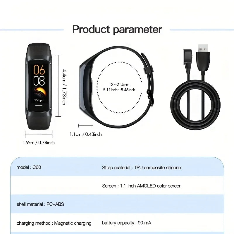 Fitness Tracker Watch, Couple Smart Bracelet, 1.1 Inch AMOLED Touch Screen Smartwatch, 25 Fitness Modes, Sleep Tracking, Weather