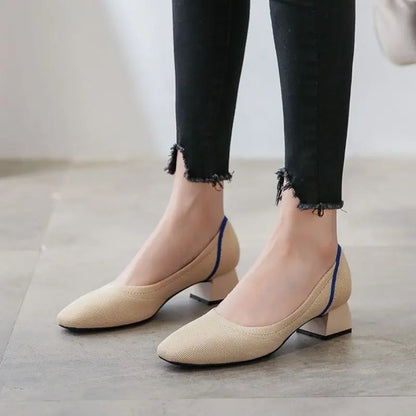 Knitted Fabric Comfortable Office Wear Formal Shoes Slippers Low Block Heels for Women