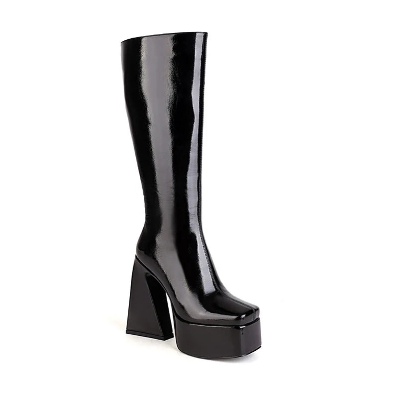 Stone Prints Women Platform Knee High Boots Mirror Patent Square Toe Long Booties Thick Block Heel Shoes Ladies Size 43