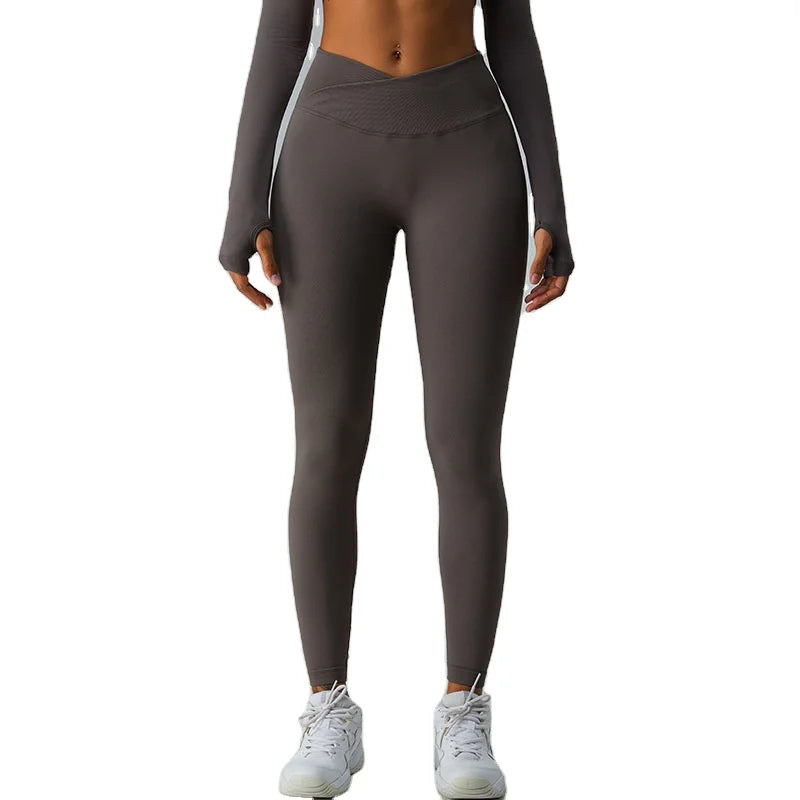 Women's High Waist Yoga Pants Cross-Over Waist Sports Leggings with Butt Lifting Effect Solid Pattern Gym Leggings for Ladies