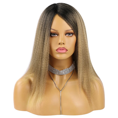 Wholesale 14 Inch Yaki Straight Afro Light Brown Lace Hair Wig Glueless Synthetic Middle Part Women  Machine-Made Long Wigs