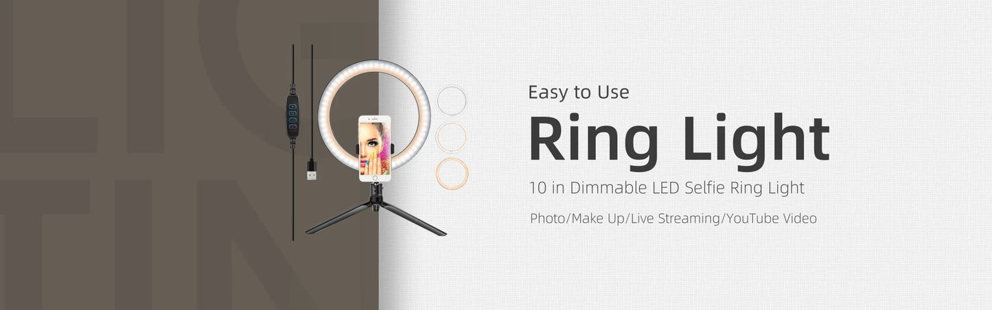 10" LED Selfie Ring Stuido Light Home Lighting Dimmable Round Lamp Tripod Trepied Makeup Selfie Ring Lamp Phone LIGHT FOR VIDEO