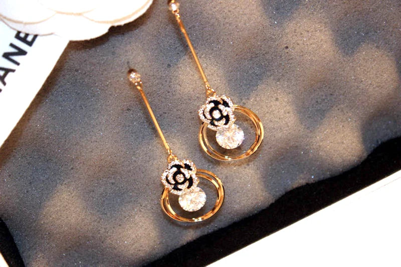 Korea Fashion Black Enamel Camellia Earrings Women Luxury brand Long Big Cubic Zirconia Drop Earrings Wedding Jewelry Z277