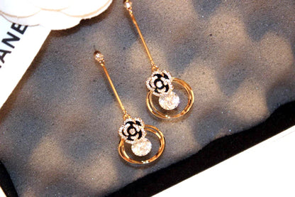 Korea Fashion Black Enamel Camellia Earrings Women Luxury brand Long Big Cubic Zirconia Drop Earrings Wedding Jewelry Z277