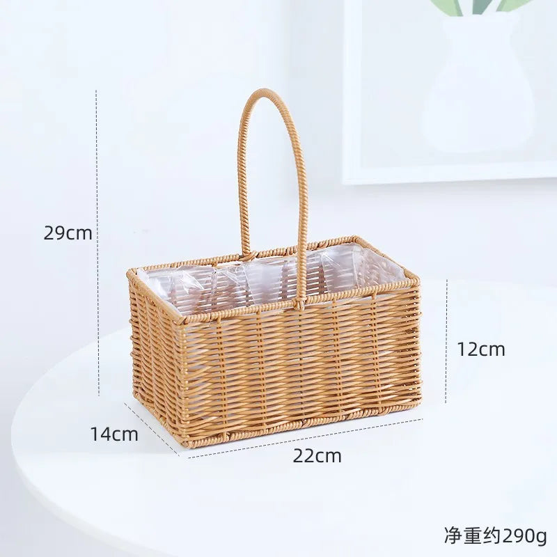 Portable Outdoor Picnic Basket Home Decorative Storage Woven Flower Pot Hand-held Rattan Wicker Accompanying Gift Floral Basket