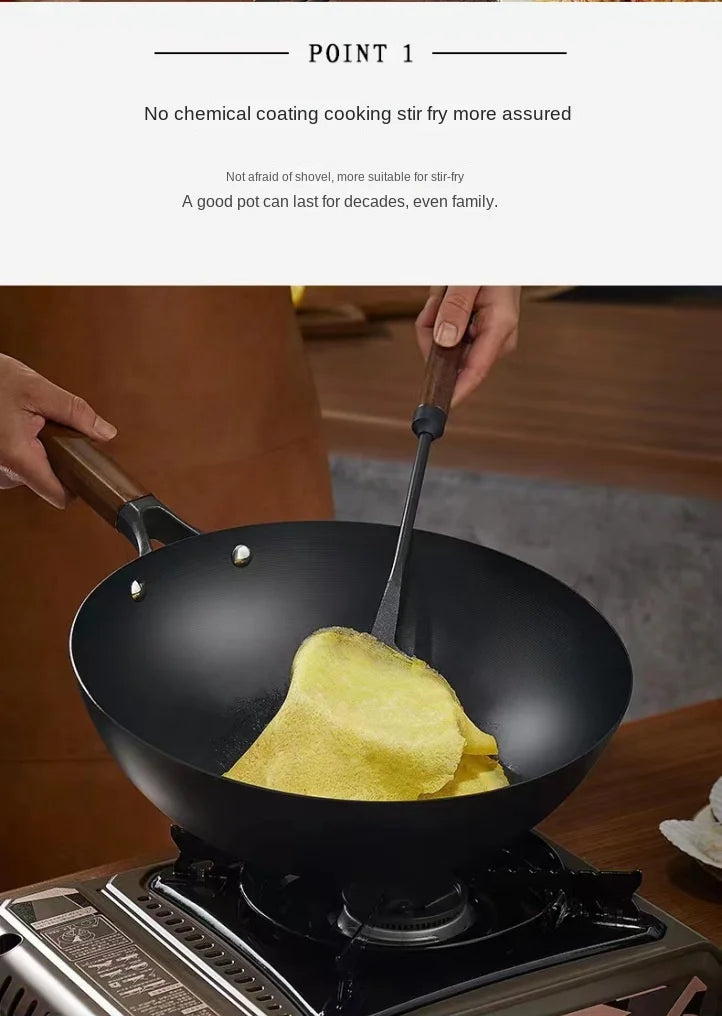 Extra Thick Nitrided Cast Iron Frying Pan Wood Grain Handle Tempered Glass Lid Non-Coated Non-Stick Surface CE Certified