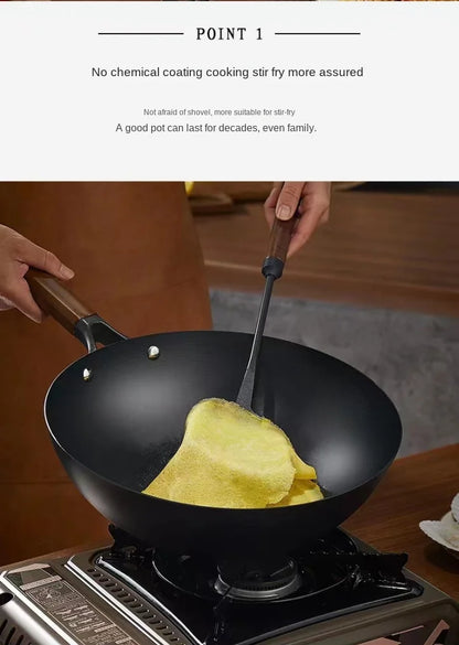 Extra Thick Nitrided Cast Iron Frying Pan Wood Grain Handle Tempered Glass Lid Non-Coated Non-Stick Surface CE Certified