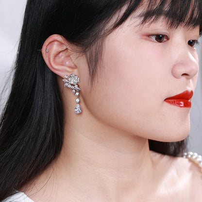 Manufacturer Spot Wholesale and Retail Elegant Female Jewelry Classic Fashion Rose Drop Zircon Long Earrings