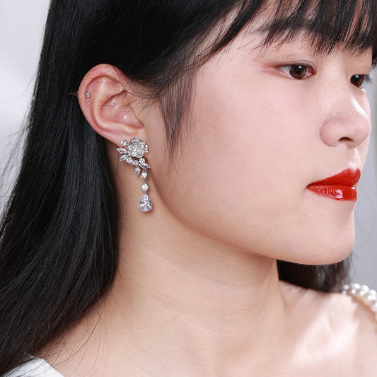 Manufacturer Spot Wholesale and Retail Elegant Female Jewelry Classic Fashion Rose Drop Zircon Long Earrings