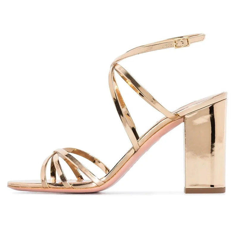 2020 Latest Women Chunky High Heel Gold Strappy Party Dress Summer Sandals