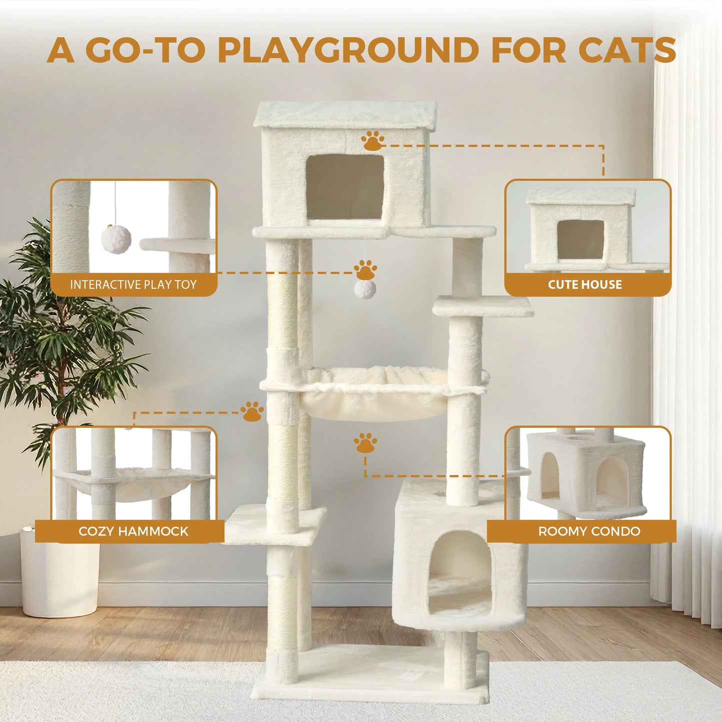 Freestanding Cat Tree US in Stock Free Shipping with Roomy Condo Cozy Hammock Cute House Natural Sisal Rope