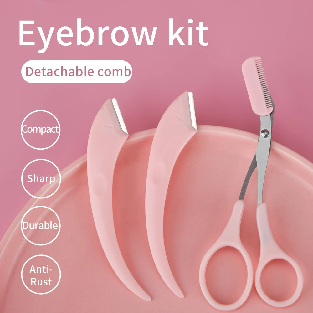 3pcs Eyebrow Trimmer Set Stainless Steel Curved Eyebrow Razor Eyebrow Scissors With Comb Beauty Tool for Beginners