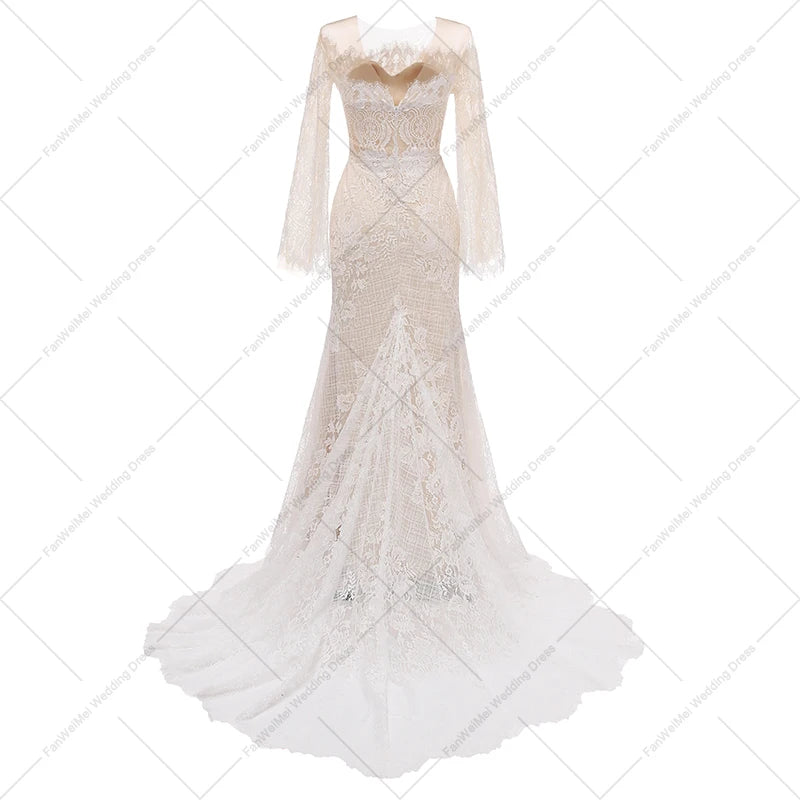 3020# Strapless Beach Boho Wedding Dress Lace Flare Sleeve Sheath Elegant Bridal Gown 2022 Off the Shoulder Sweep Train