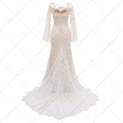 3020# Strapless Beach Boho Wedding Dress Lace Flare Sleeve Sheath Elegant Bridal Gown 2022 Off the Shoulder Sweep Train