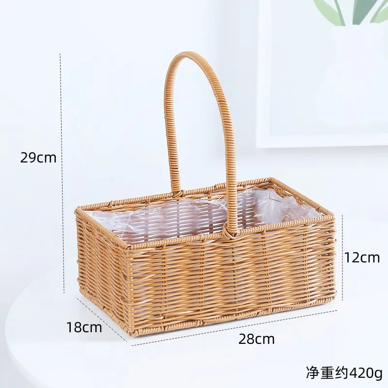 Portable Outdoor Picnic Basket Home Decorative Storage Woven Flower Pot Hand-held Rattan Wicker Accompanying Gift Floral Basket