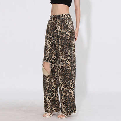 TWOTWINSTYLE Casual Vintage Fashion Leopard Denim High Waist Wide-Leg Pants Broken Holes Straight Loose Fit Breathable Design