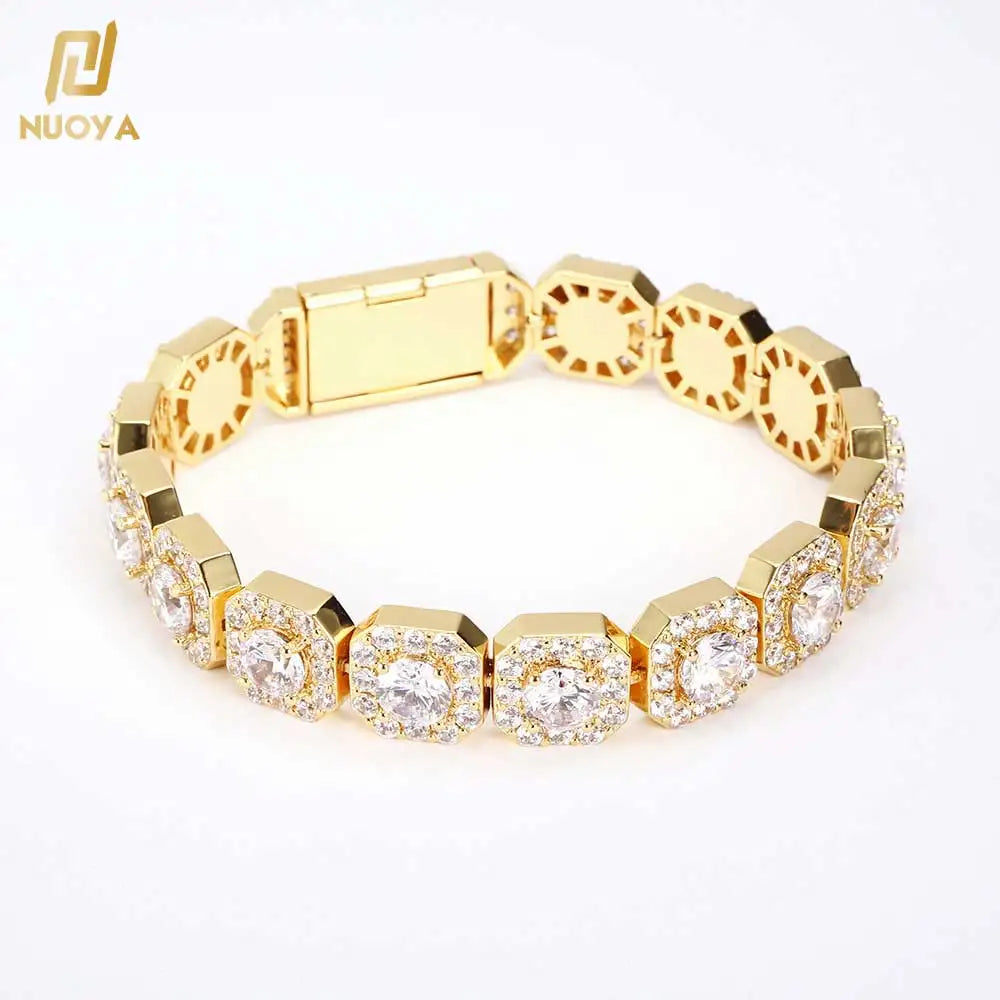 Nuoya 12mm Wholesale Hip Hop Bracelet for MenIced Out Chain 18k Gold Plated Clustered Tennis Bracelet