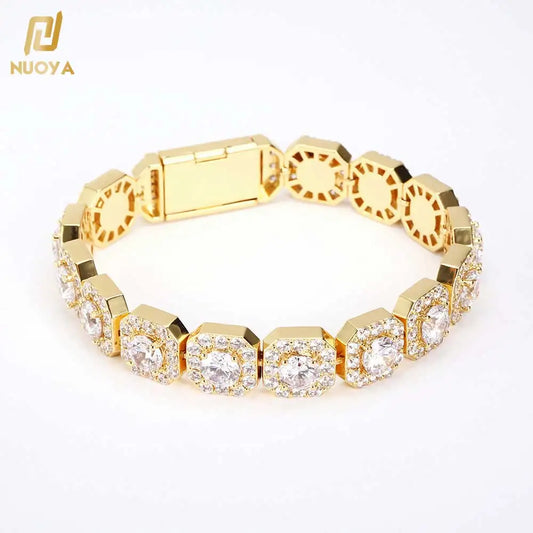 Nuoya 12mm Wholesale Hip Hop Bracelet for MenIced Out Chain 18k Gold Plated Clustered Tennis Bracelet