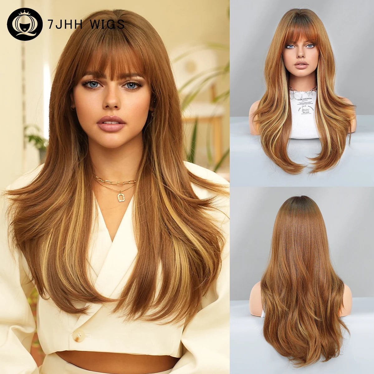 Long Curly Synthetic Wig with Bangs Highlights Honey Brown Hair Wig for Women Natural Matte Heat-resistant Fiber Hair