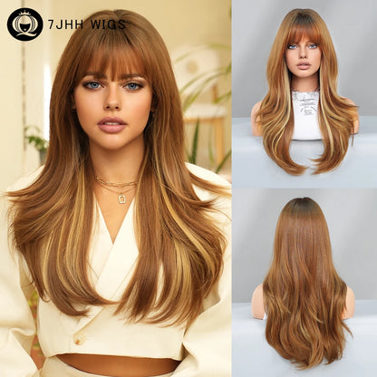 Long Curly Synthetic Wig with Bangs Highlights Honey Brown Hair Wig for Women Natural Matte Heat-resistant Fiber Hair